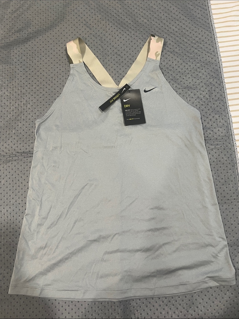 Nike Women’s Light Gray Dri-FIT Tank with Camo-Accent Straps